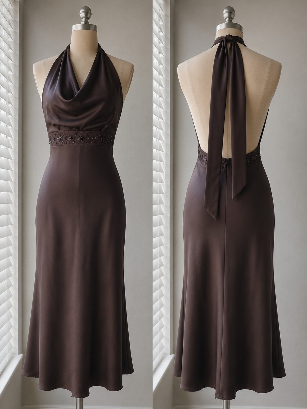 Dessy Collection Backless Halter Dress in Chocolate Brown